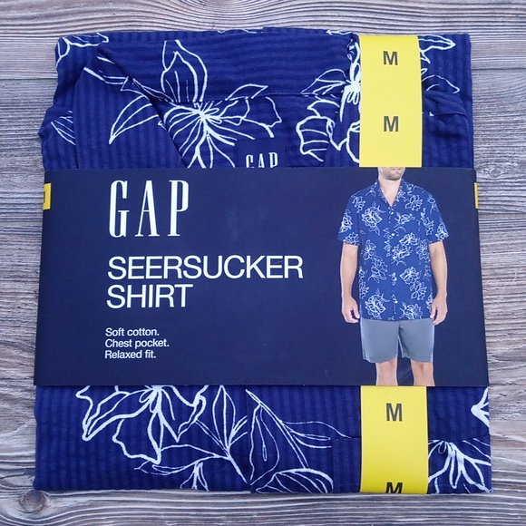 New Gap Seersucker Short Sleeve Striped Hawaiian Blue Button Up Shirt - Picture 2 of 10